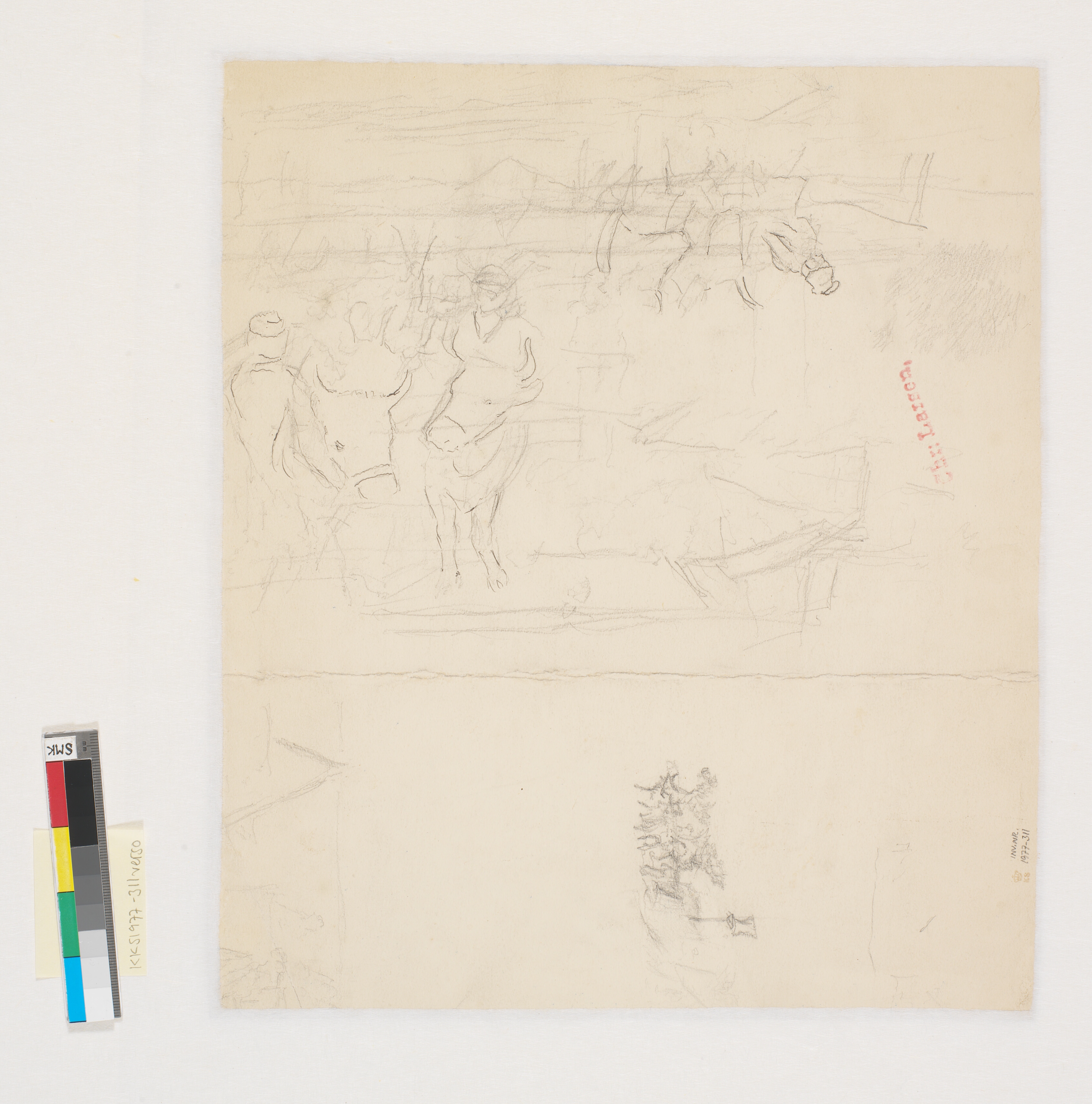 Landskabsskitse; derover to skitser til et studeforspand